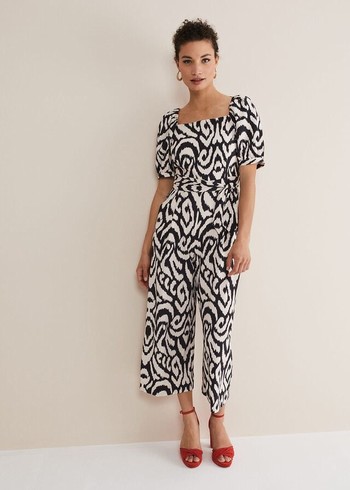 Phase Eight Sara Ikat Wide Leg Jumpsuit Black/Cream Canada | GXVPAE-407